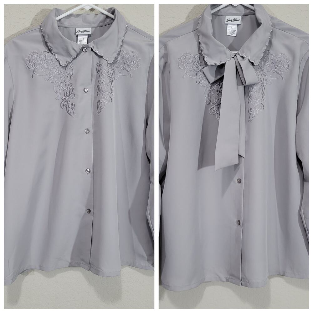 Gray Blouse Womens 14 Removable Bow Neck Embroidered Scalloped Judy Bond